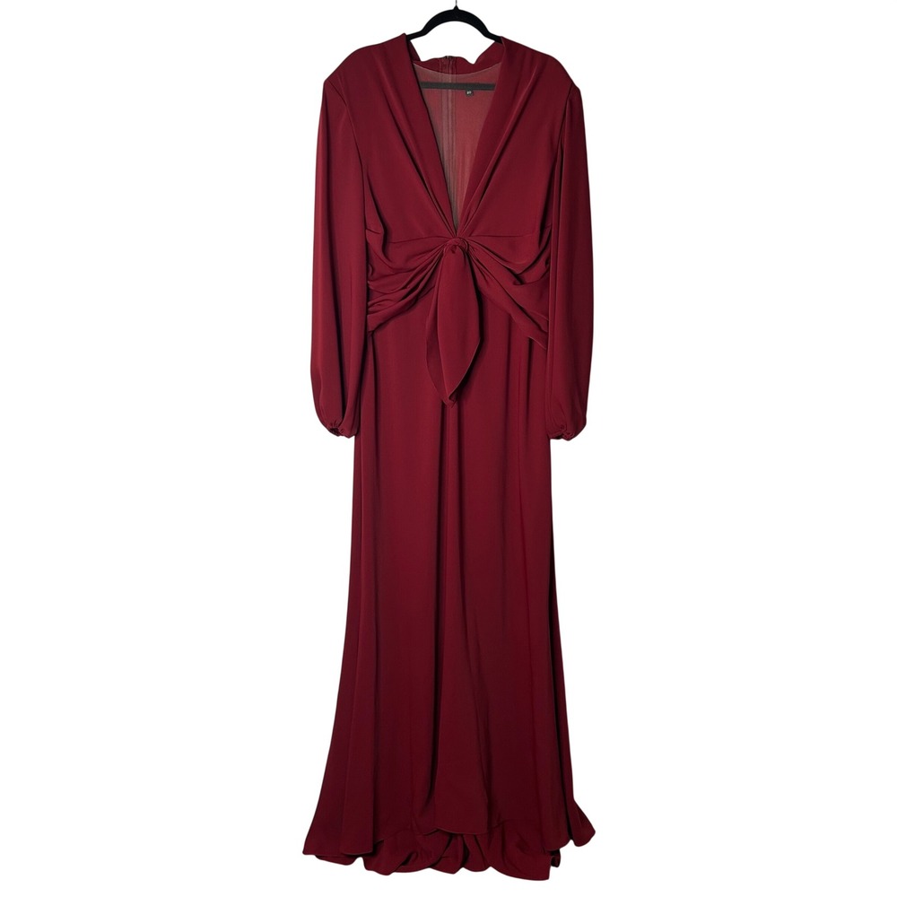 Reem Acra NWT New York Gown Dress Size 20 Burgundy Deep V-Neck Tie‎ Front 569821